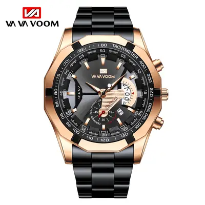 Vava Voom Black Rose Gold Chronograph Watch with Three-Eye Dial
