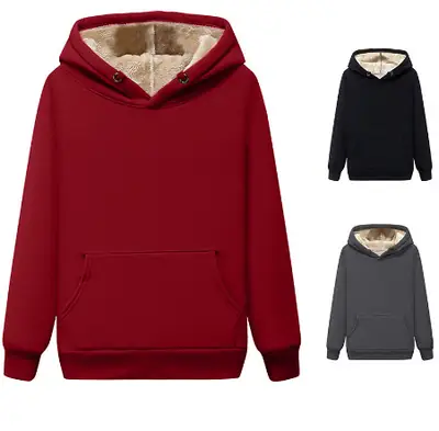 Women Red Velvet Hooded Sweatshirt Drawstring Full Inner