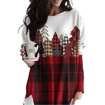 2022 Christmas Plaid Round Neck Long Sleeve Dress for Women