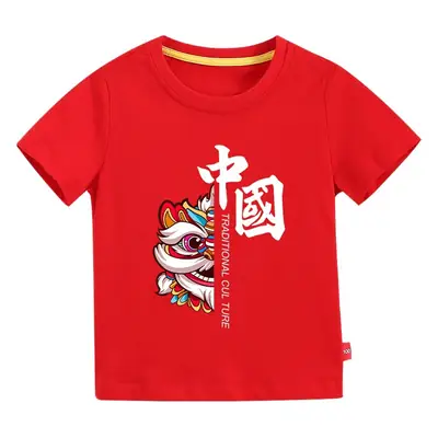 Chinese Red Dragon Print Boys T-Shirt Orange 2026