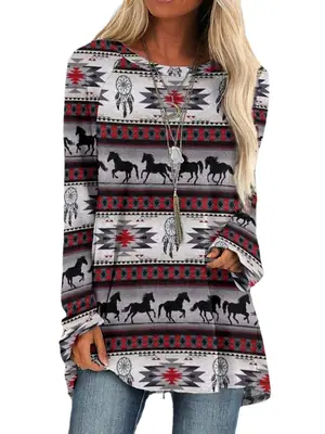 2022 Foreign Trade Cross-border Women's Fashion Loose Round Neck Digital Printing Western Style Long Sleeve Top 6932