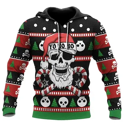 3D Skull Hooded Pullover Men's Sweater Black Red Star Print