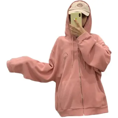 Women Hooded Zipper Cardigan Coat Cream Large