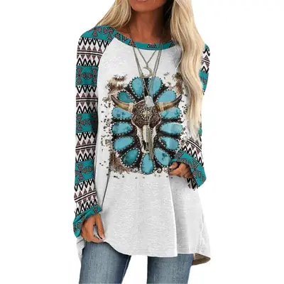 2022 foreign trade cross-border women's fashion loose round neck digital printing Western style long sleeve top 6930