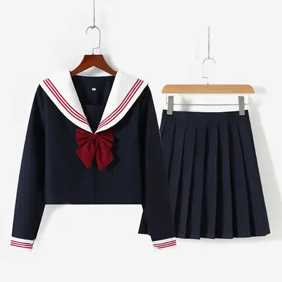 Factory Japanese JK Uniform White Collar Red Three Sailor Suit Skirt Set