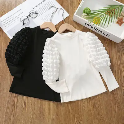 Girls' White Puff Sleeve Half-High Collar T-Shirt