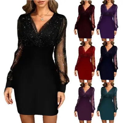 European American Cross-border Women's Sequin V-Neck Dress