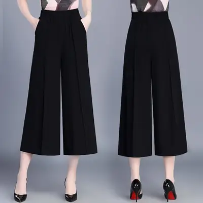 Black Chiffon Wide Leg Pants for Women High Waist