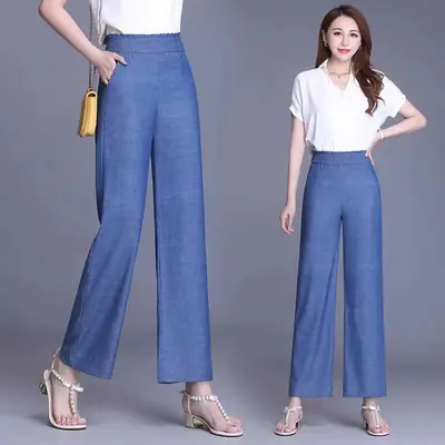 Women Tencel Denim Wide Leg Pants Blue High Waist Spring Summer