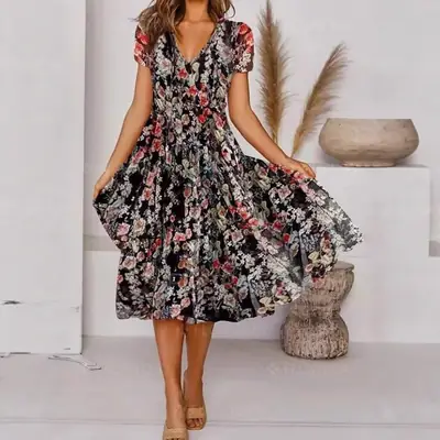 Black Floral V-Neck Dress for Women