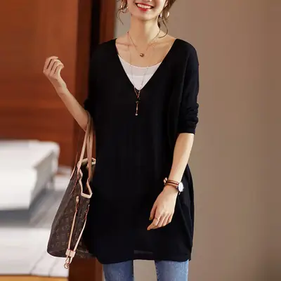 Black V-Neck Loose Fit T-Shirt for Women
