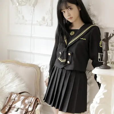 Black Pleated Sailor Suit Middle Suit for Girls