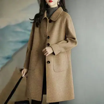 Women Woolen Coat Grey Medium Length Korean Style