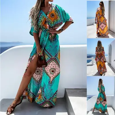 2021 Women's Printed Long Swing Dress Green Orange