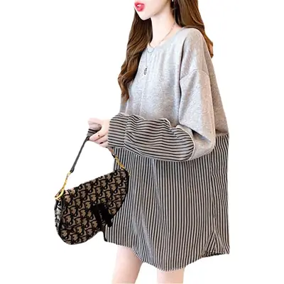 Korean Style Fake Two-Piece Sweatshirt Stripe Coat Women Loose Large