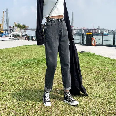 Women Dark Gray High Waist Petit Harlan Jeans Spring 2022