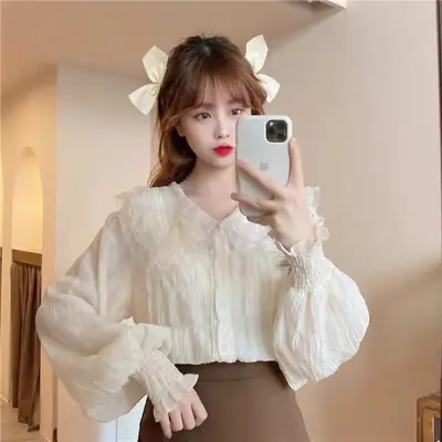 Women's Chiffon Collar Shirt White Spring Autumn