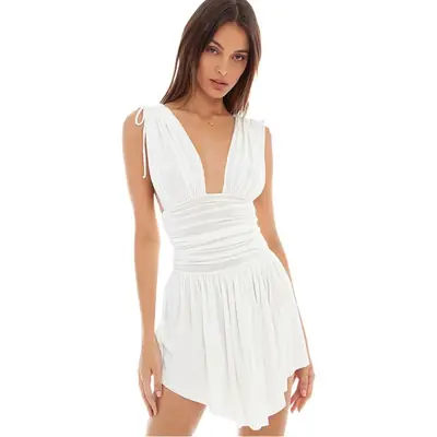 White Lace-up V-neck Slim Fit Dress
