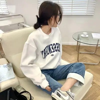 Women's 2023 Letter Print Sweatshirt Jacket White Blue Jeans