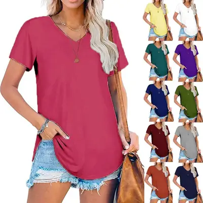 Women V Neck Knitted Summer Top Large Loose Short Sleeve