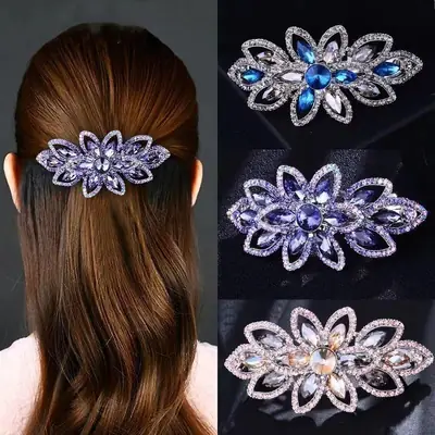 Crystal Inlaid Flower Hair Clip with Blue Rhinestones