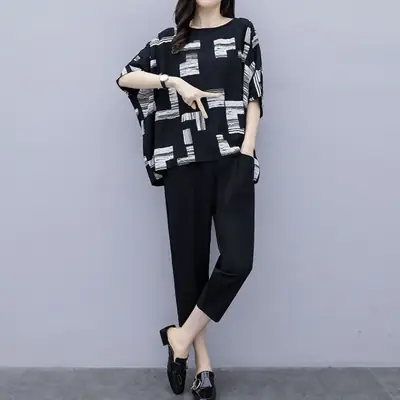 Women 200kg Fat Suit Black White Print Slim Fit