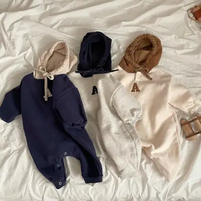 Baby's Cotton Hooded Body Suit with Brown Hood
