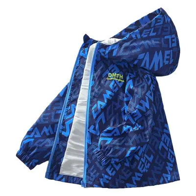 Boys' Printed Hooded Winter Jacket Navy Blue 2025