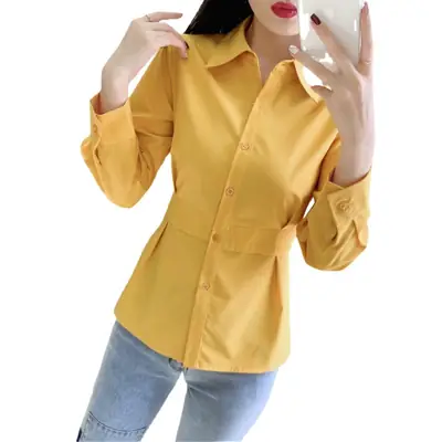 2022 Spring Lapel Shirt Solid Yellow Slim Fit