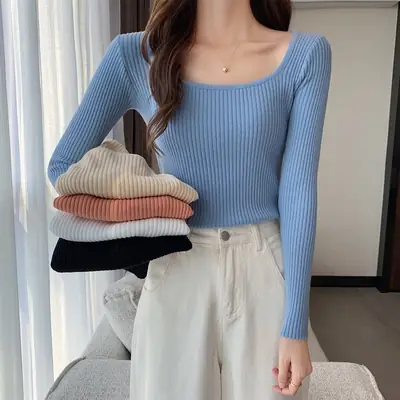 Women's Black Ribbed Long Sleeve Slim Fit Sweater Top