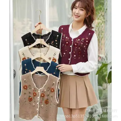 Embroidered Knitted Vest Women College Style New Spring Autumn