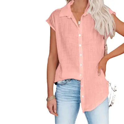 Women's Pink Short Sleeve Button Shirt Loose Fit
