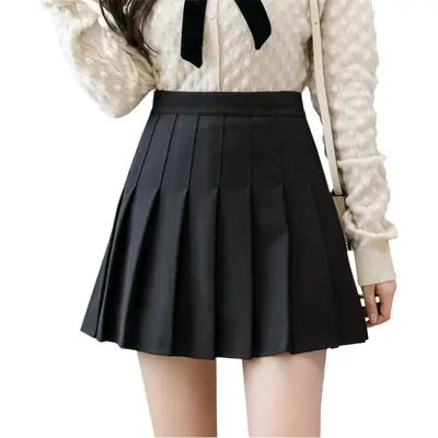 Women Wool Pleated Skirt Black High Waist Autumn Winter