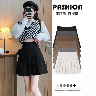 Women Pleated Skirt Gray Slimming Winter Summer