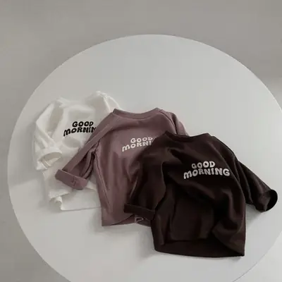 Kids Korean Style T-Shirt Brown Good Morning Print
