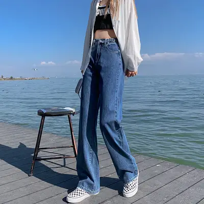 Vintage Blue Wide Leg Jeans Women High Waist Slimming