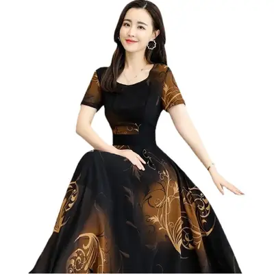 2026 Plus Size Printed Patchwork Dress Black Gold