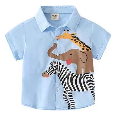 Japanese Style Zebra Giraffe T-Shirt for Boys Light Blue