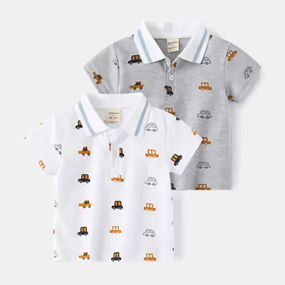 Kids Cartoon Polo T-Shirt Grey White All Over Print