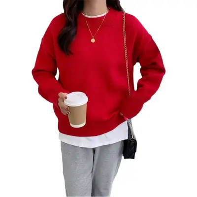 Red Long Sleeve Knitted Women's Shirt 2025 Spring Fall