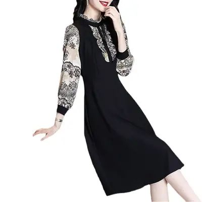 Black Long Sleeve Ruffled Dress for Women Mid-Length
