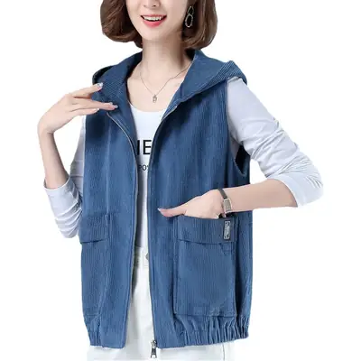 Women Blue Zip Hood Vest Plus Size 2023