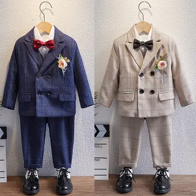 Blue Embroidered Boys Suit with Bow & Scarf