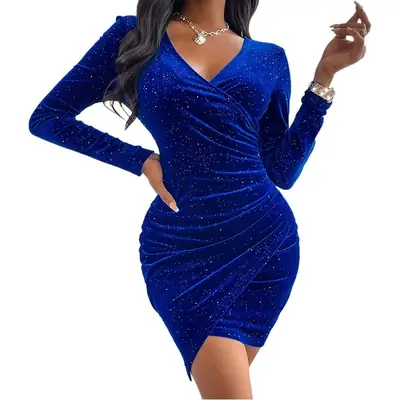 Blue Velvet Sexy Hip Dress V-Neck Mini Skirt
