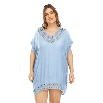 Plus Size Purple V Neck Beach Dress Hand Stitched