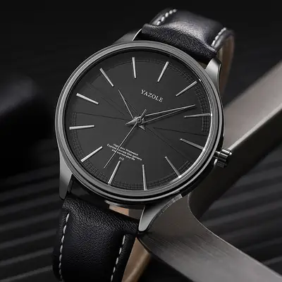 Men's Black Leather Strap Quartz Watch with Simple Dial