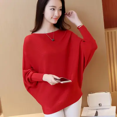 Women's Brown Knit Pullover with Bat Sleeves