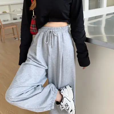 Women Grey Wide Leg Pants High Waist Casual Spring Autumn