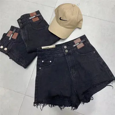 Women Denim Shorts Set Black High Waist Loose Fit