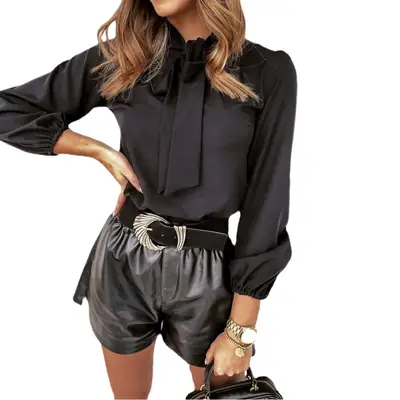 White Long Sleeve Tie Neck Shirt for Women